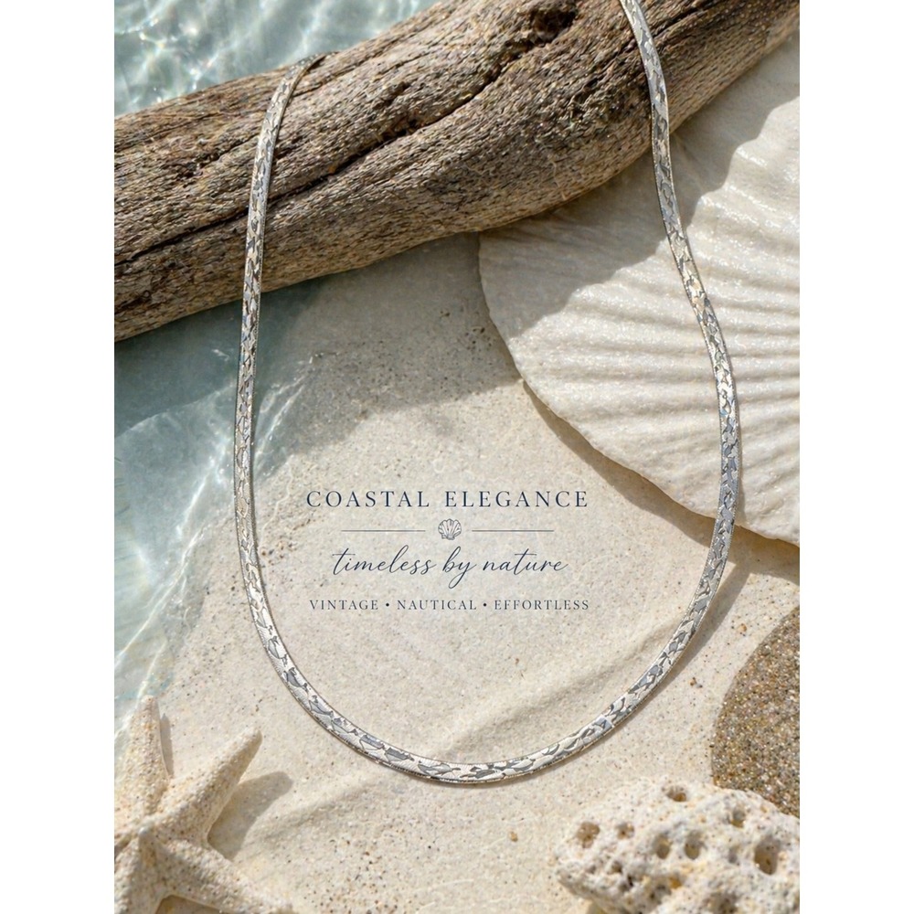 Vtg Sterling Silver Dolphin Engraved Snake Chain Necklace Flat Nautical Coastal